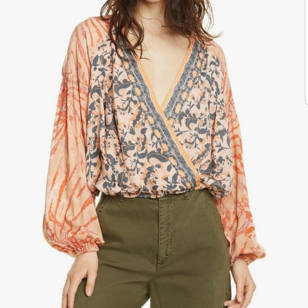 Free People Orange Gray V Neck Flounce Longsleeve Blouse Wrap Printed Shirt Top - Picture 2 of 14